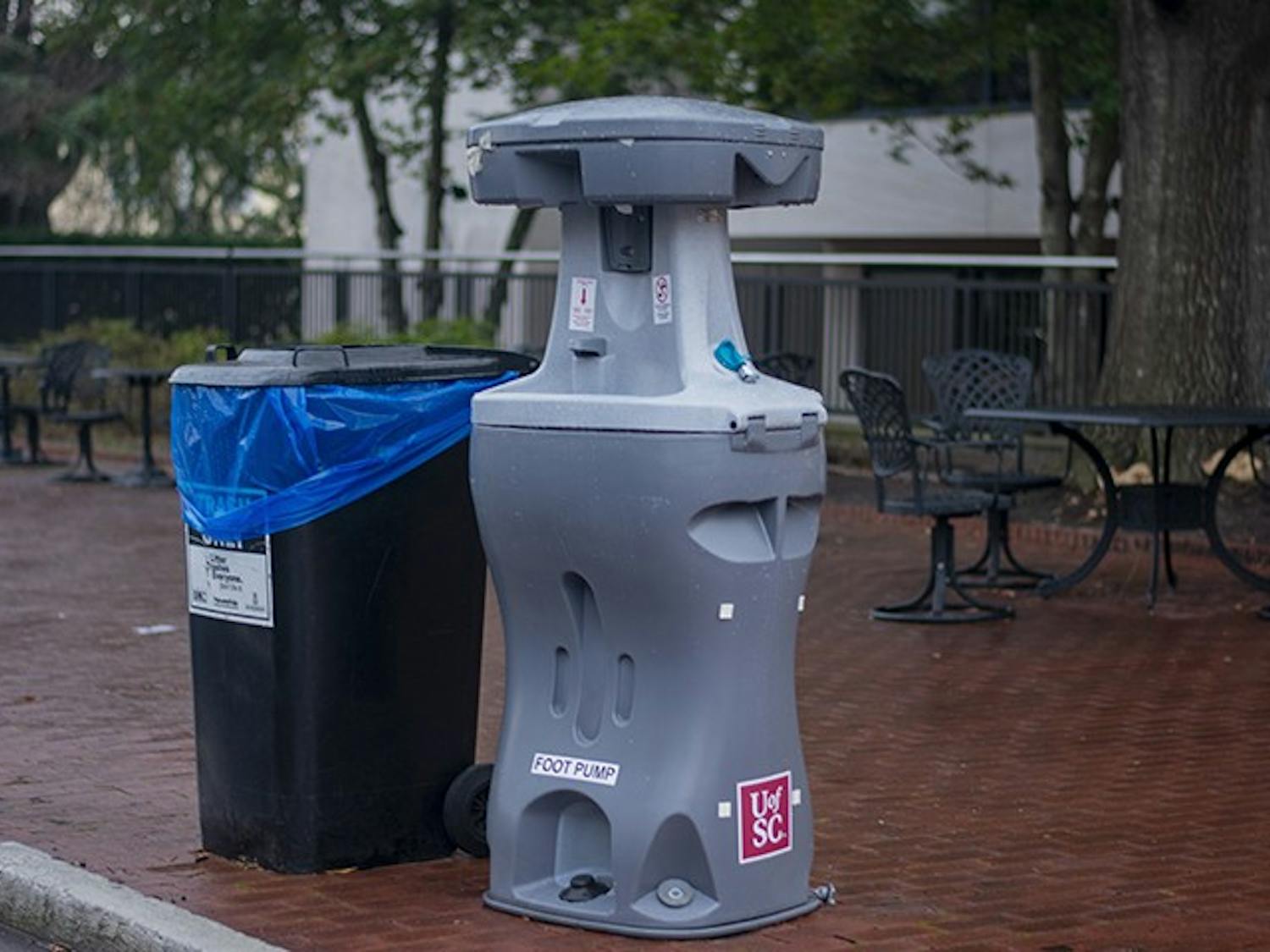 A handwashing station sits on Greene Street outside of Russell House. Handwashing stations are one of the various safety measures implemented by USC as COVID-19 cases continue to rise nationwide.