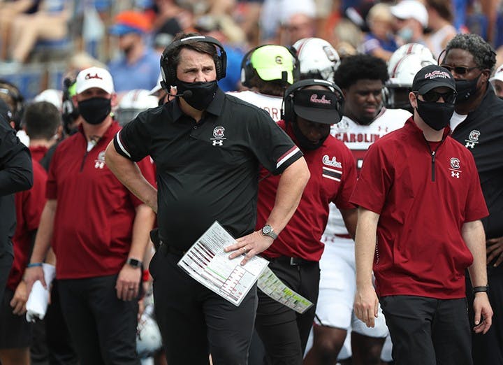 Head coach Will Muschamp stands on the sidelines in the Week 2 game against Florida. The Gamecocks fell to 2-4 with Saturday's loss to Texas A&amp;M.&nbsp;