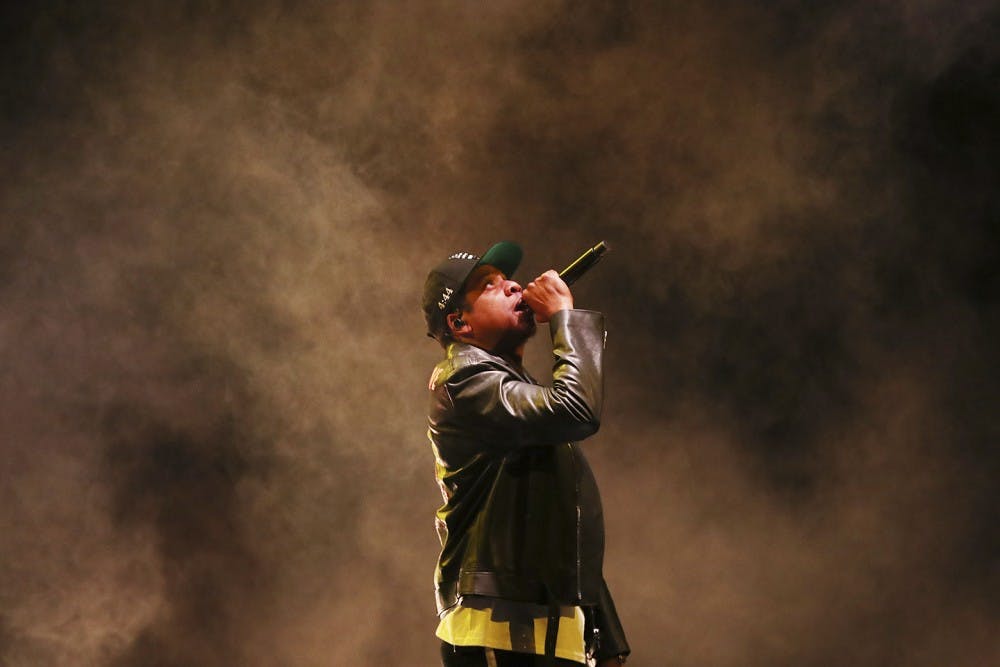Jay-Z performs on his &quot;4:44&quot; Tour at the  Air Canada Centre in Toronto on Nov. 22, 2017. The artist has been nominated for several Grammy awards. (Steve Russell/The Toronto Star/Zuma Press/TNS) 