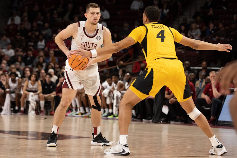 <p>FILE— Senior guard Erik Stevenson on the court during the men's basketball game at Colonial Life Area in Columbia, SC. The Gamecocks beat the Tigers 73-69 on March 1, 2022.</p>