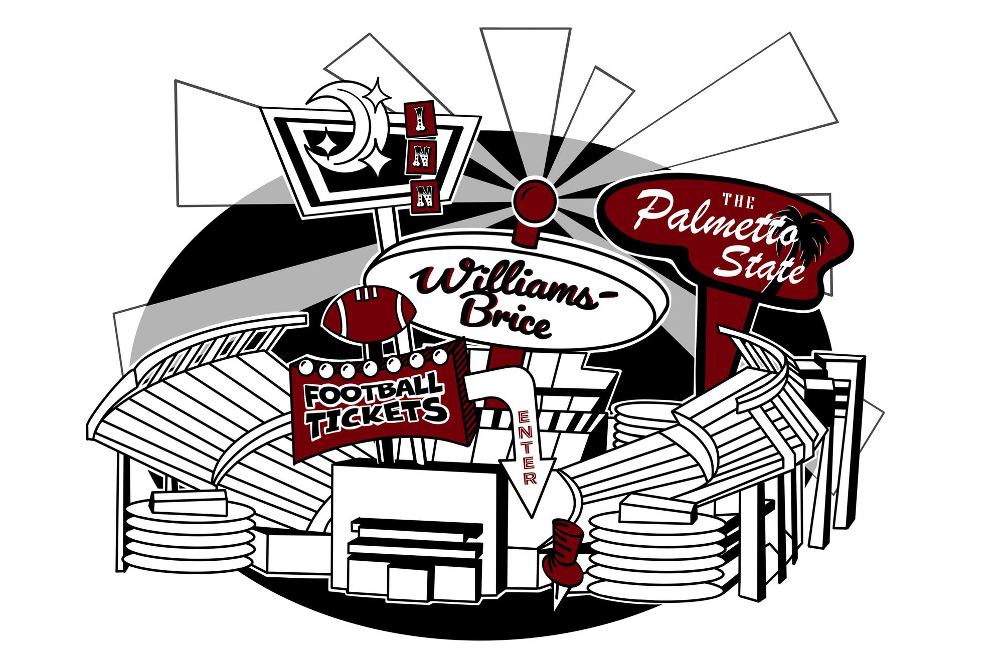 An illustration of Williams-Brice Stadium with vintage billboard signs reading “Williams-Brice,” “Football Tickets,” and “The Palmetto State,” in garnet, black, and white.