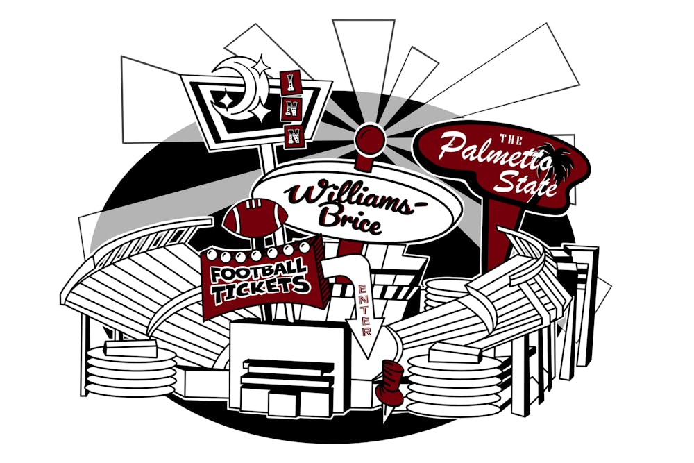 An illustration of Williams-Brice Stadium with vintage billboard signs reading “Williams-Brice,” “Football Tickets,” and “The Palmetto State,” in garnet, black, and white.