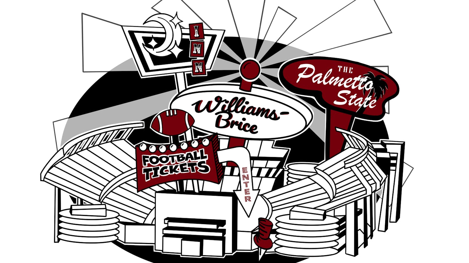 An illustration of Williams-Brice Stadium with vintage billboard signs reading “Williams-Brice,” “Football Tickets,” and “The Palmetto State,” in garnet, black, and white.