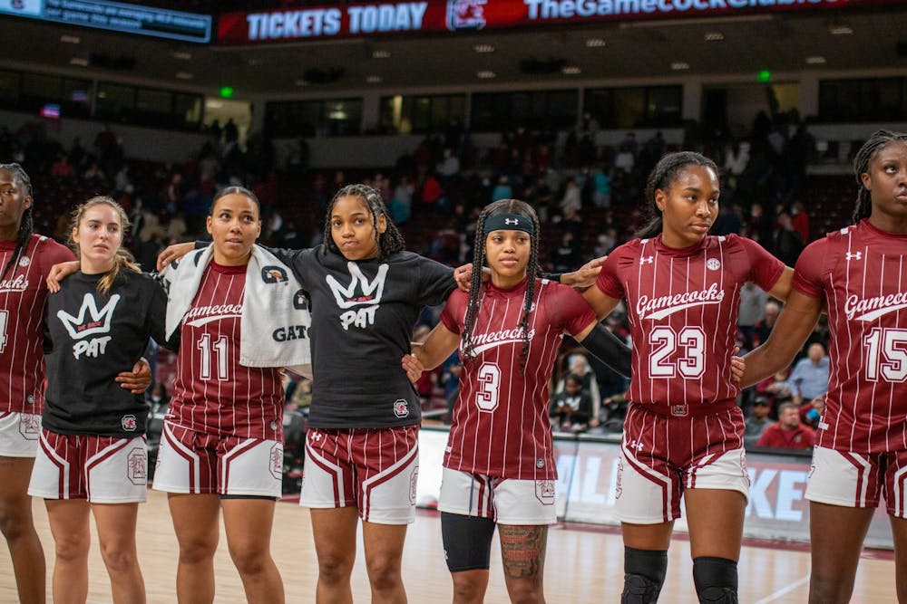 The South Carolina Women's Basketball team joins together for the playing of the Alma Mater on January 24, 2022 at Colonial Life Arena. The Gamecocks dominated both halves, defeating Vanderbilt 85-30. 