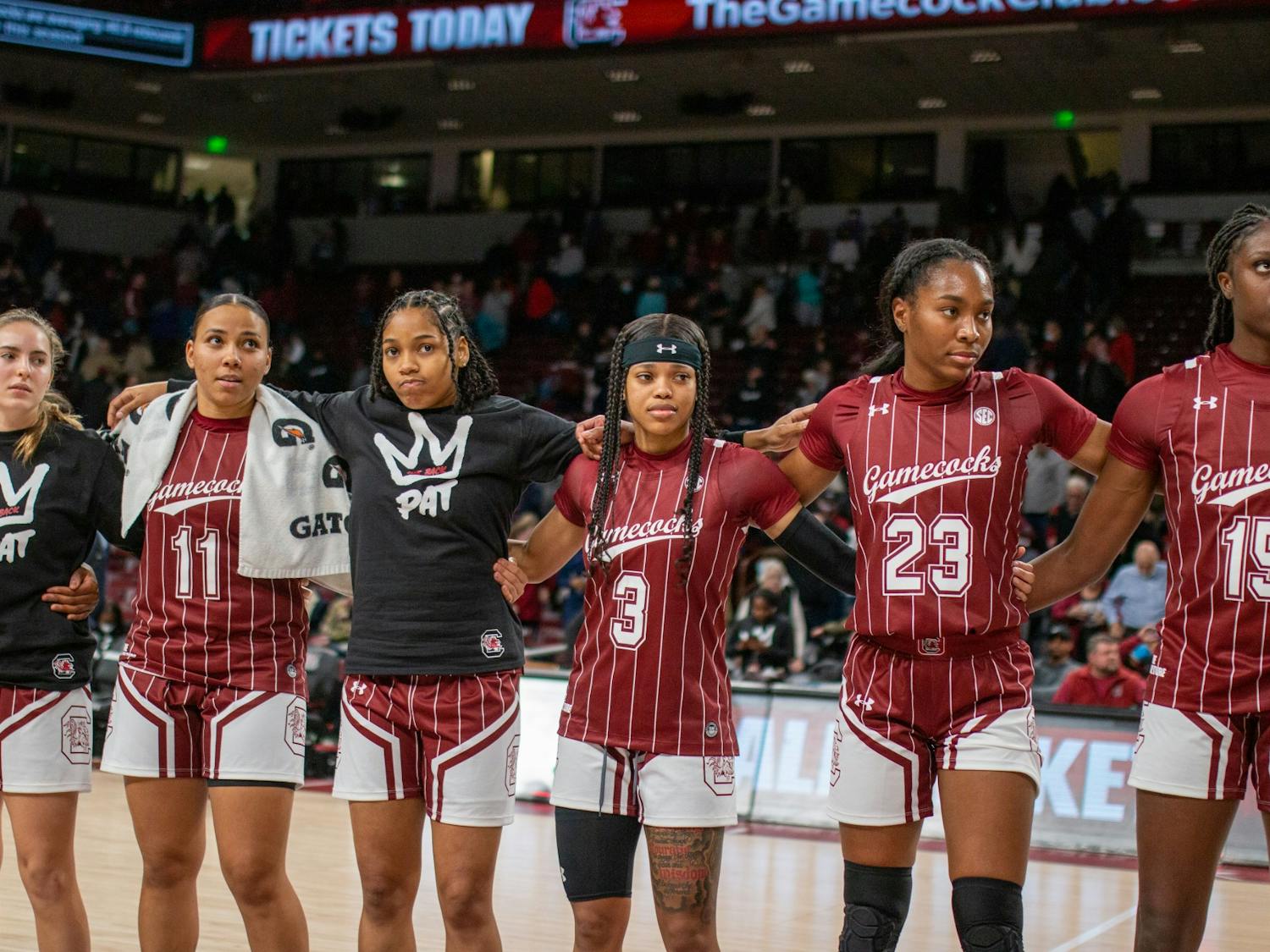 The South Carolina Women's Basketball team joins together for the playing of the Alma Mater on January 24, 2022 at Colonial Life Arena. The Gamecocks dominated both halves, defeating Vanderbilt 85-30. 