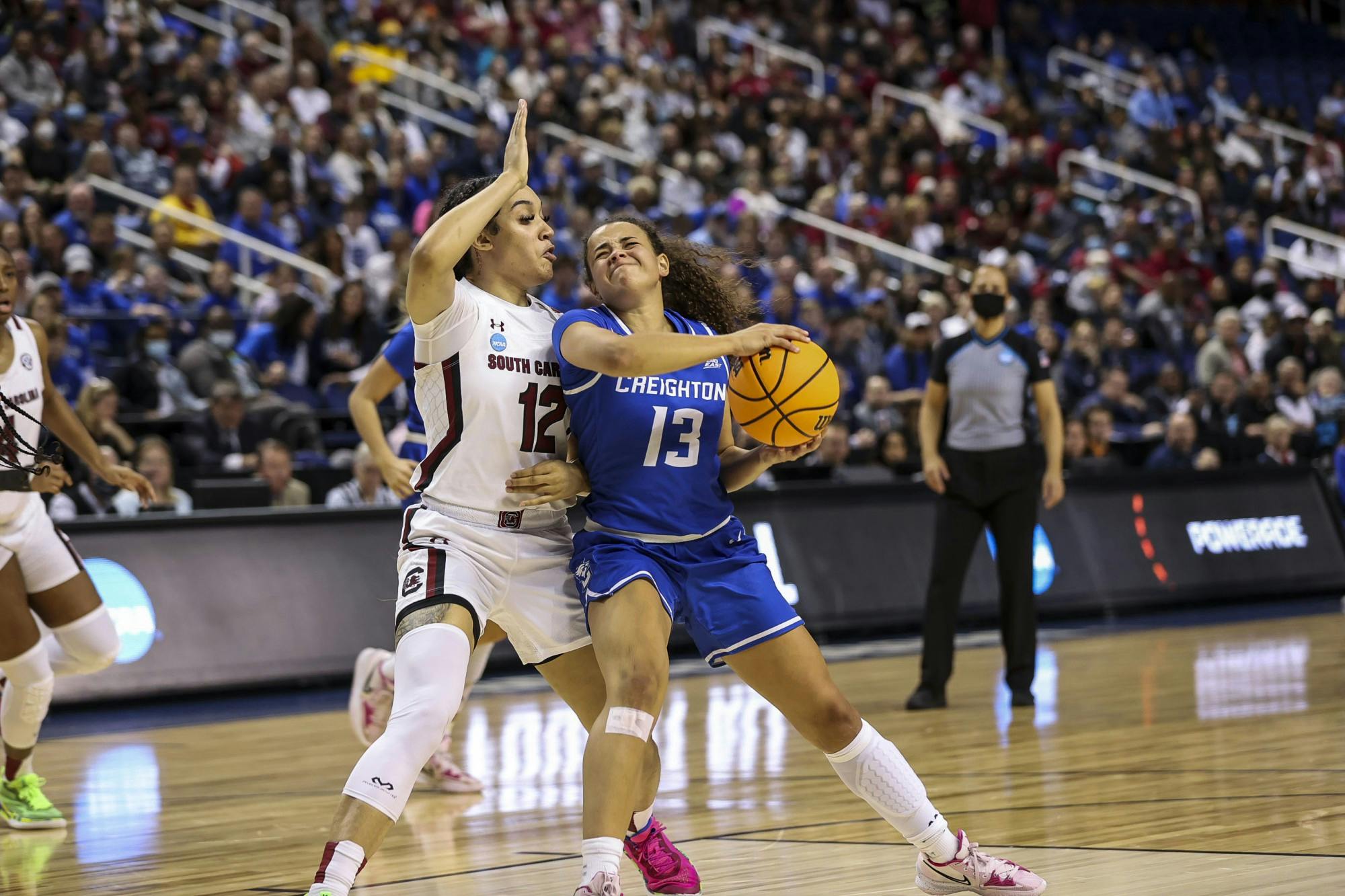 Junior guard Brea Beal defending during the first quarter of South Carolina's 80-50 victory over Creighton during the Elite Eight on Sunday, March 27, 2022.