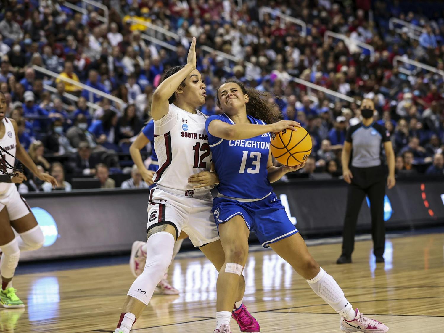 Junior guard Brea Beal defending during the first quarter of South Carolina's 80-50 victory over Creighton during the Elite Eight on Sunday, March 27, 2022.