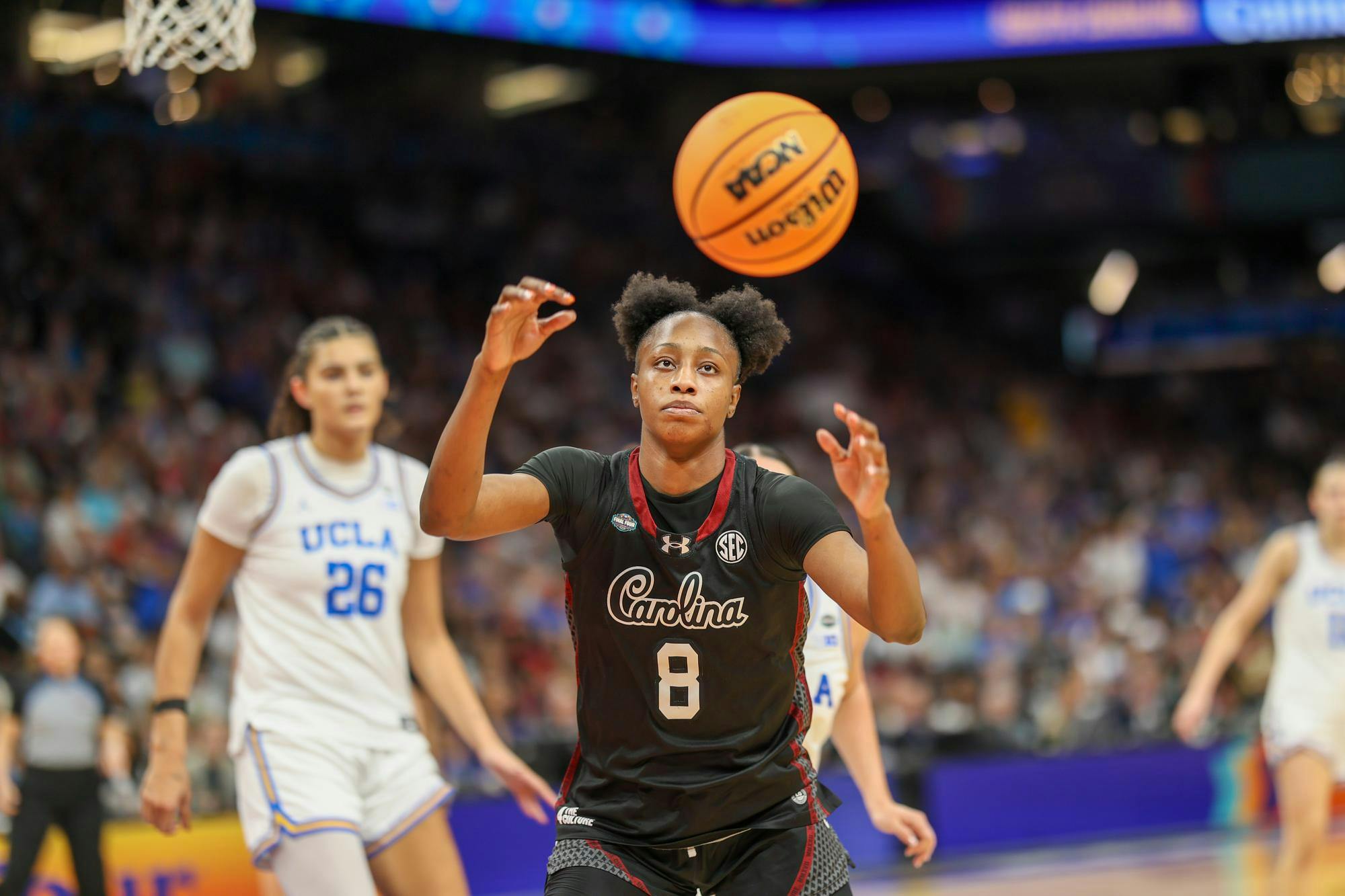 Sophomore forward Joyce Edwards reaches for the ball during the championship game against UCLA on April 5, 2026. Edwards scored only 8 points but made 11 rebounds.