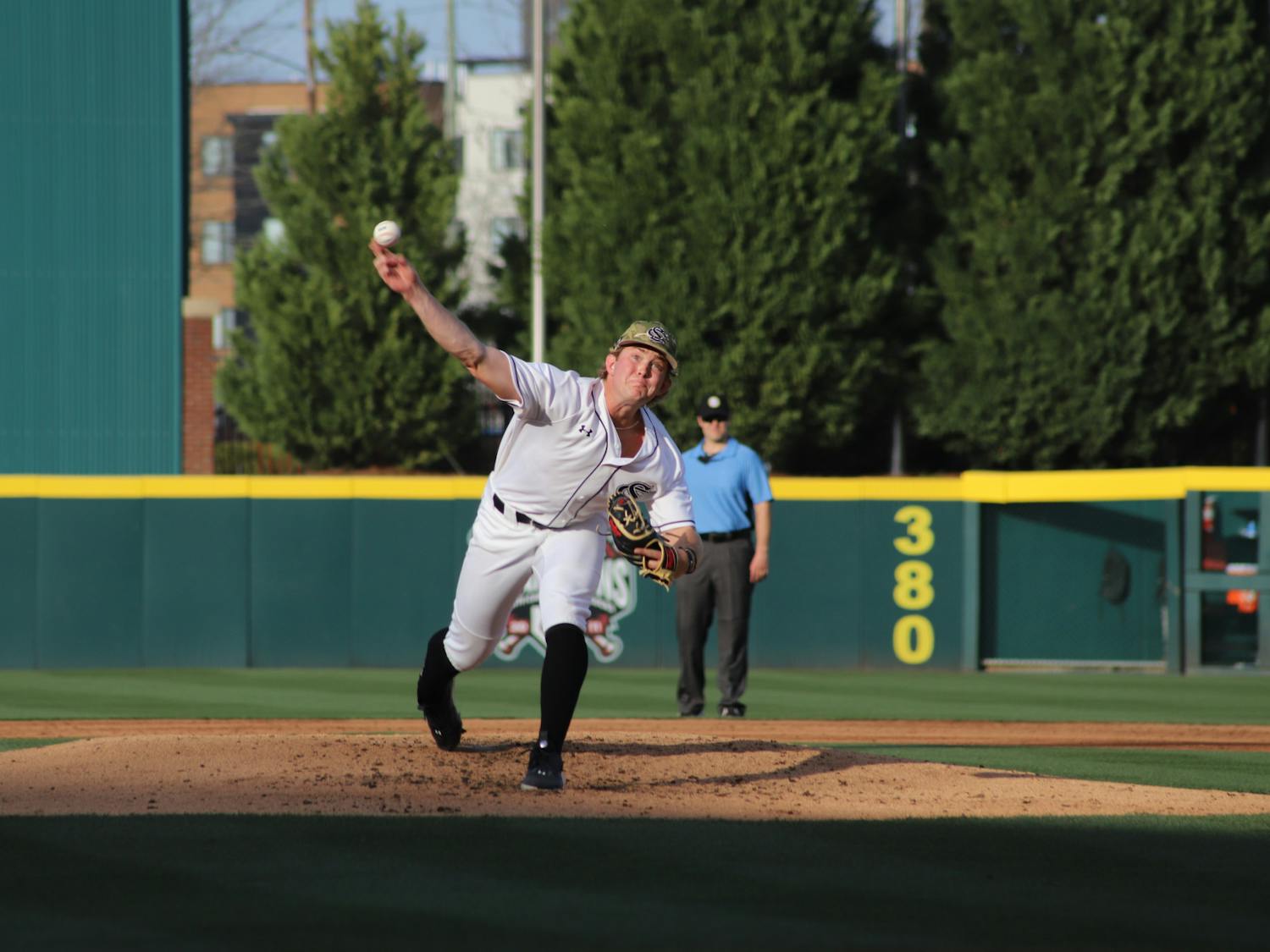 Sophomore pitcher Eli Jones pitching for South Carolina in the game against North Carolina A&amp;T at Founders Park on Feb. 28, 2023. The Gamecocks beat the Aggies 11-3 for its ninth consecutive win of the 2023 season.