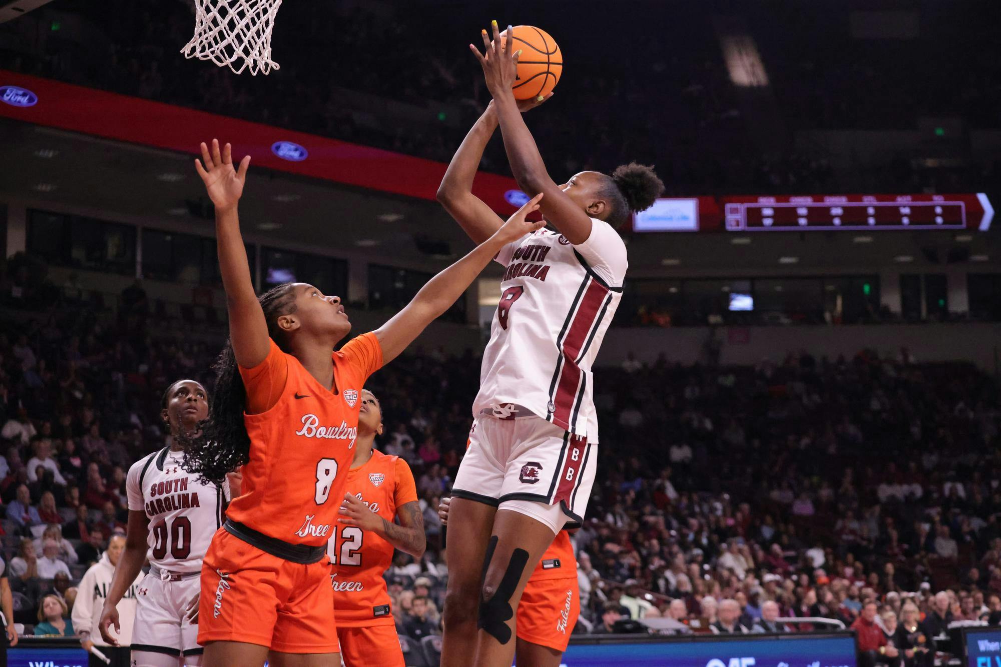 Sophomore forward Joyce Edwards shoots over a Bowling Green defender during the first half on Nov. 7, 2025, at Colonial Life Arena. Edwards looks to score near the basket.