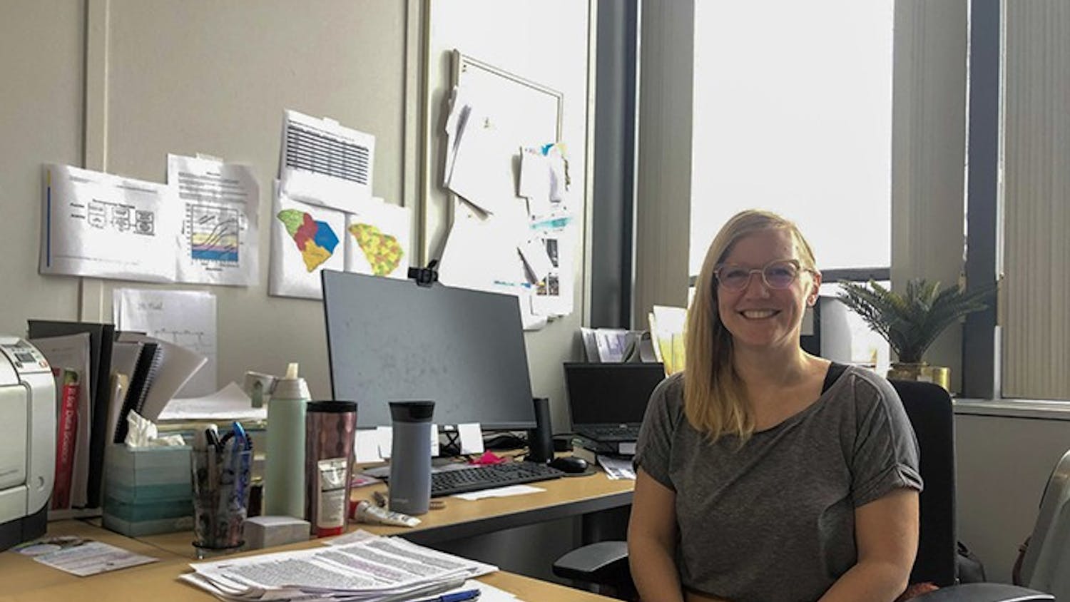 Jessica Bradshaw sits at her desk at the Institute for the Mind and Brain at USC. Bradshaw is the director of the Early Social Development Lab. 