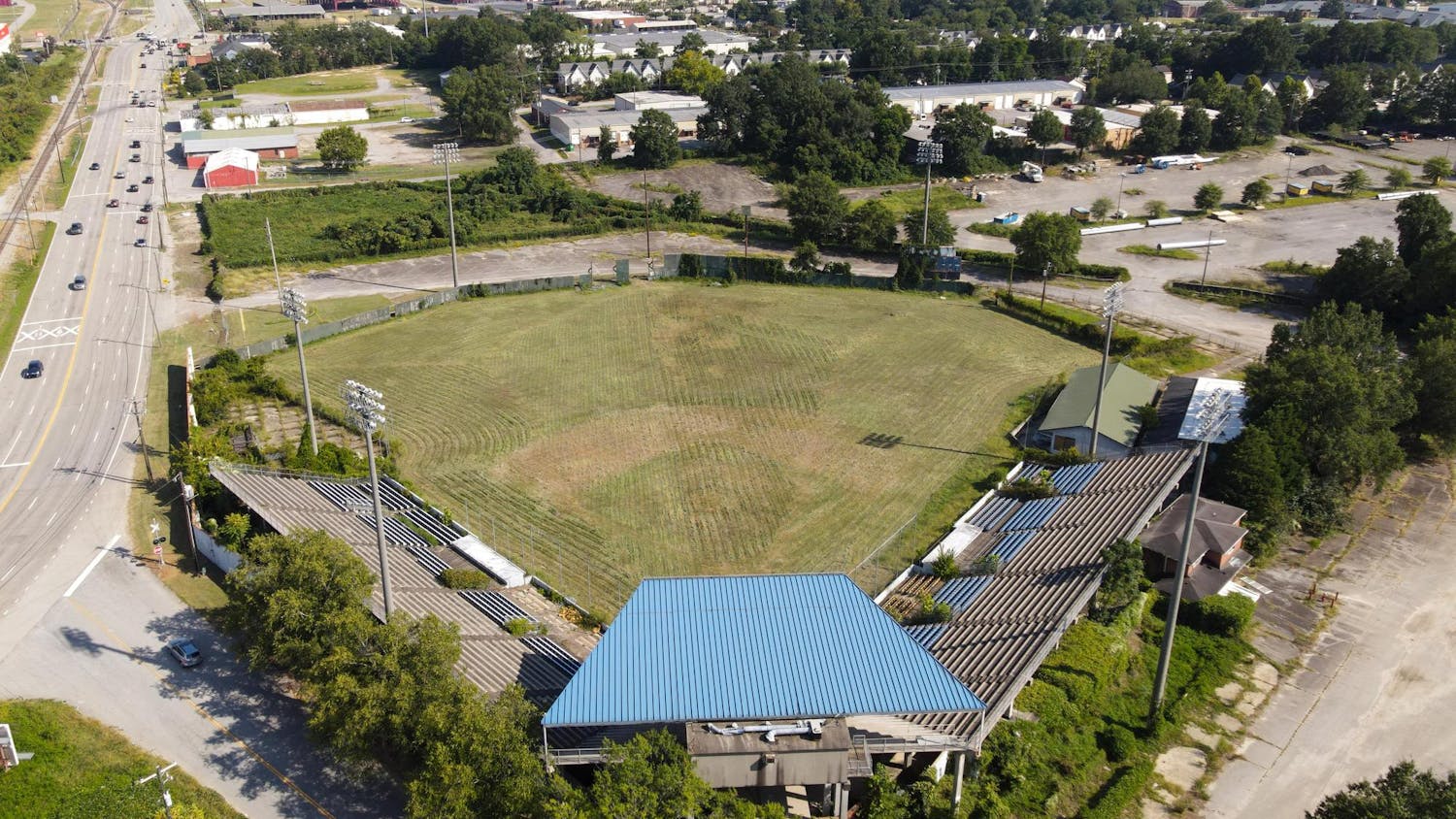 A drone captures an arial image of Capital City Stadium on Assembly Street. The old baseball field was built in 1927, primarily used by the Capital City Bombers baseball team, and since 2014, the stadium has been left abandoned.