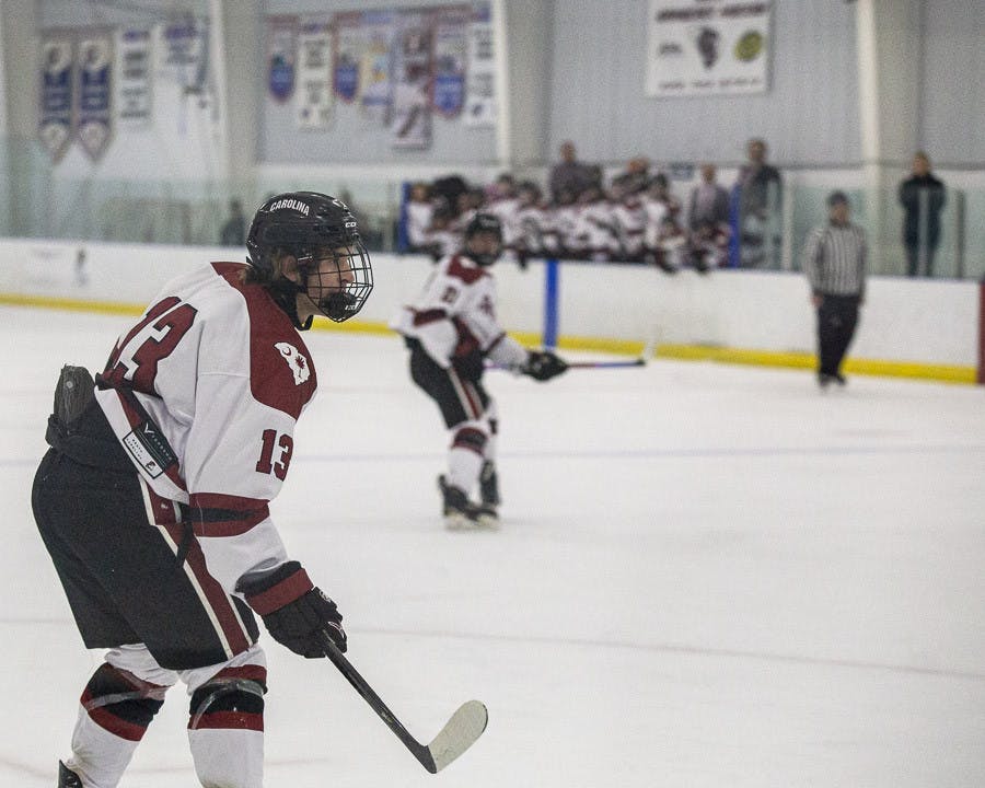 Senior left wing Owen Thomas moves to receive the puck during the matchup between South Carolina and Florida Atlantic on Dec. 4, 2022. The Owls beat the Gamecocks 4-1, tying the two teams 1-1 for the weekend series.&nbsp;