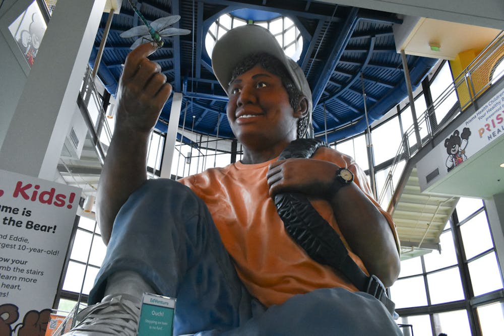 <p>A picture of "Eddie," the "world's largest 10-year-old boy," at the EdVenture Children's Museum. The figure is interactive and the museum encourages children to go inside and use the figure to learn about parts of the human body.</p>