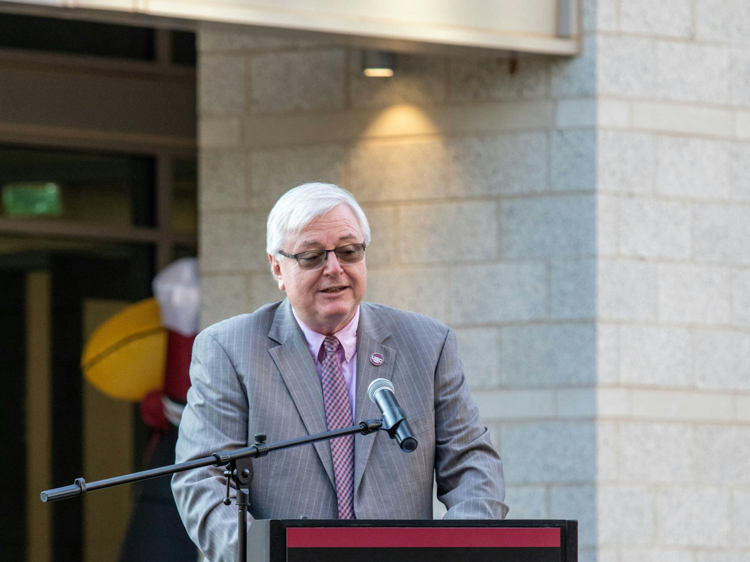 USC President Michael Amiridis speaks at the ribbon-cutting ceremony in Campus Village. Amiridis said the addition of residence halls represents the future potential of the university.&nbsp;