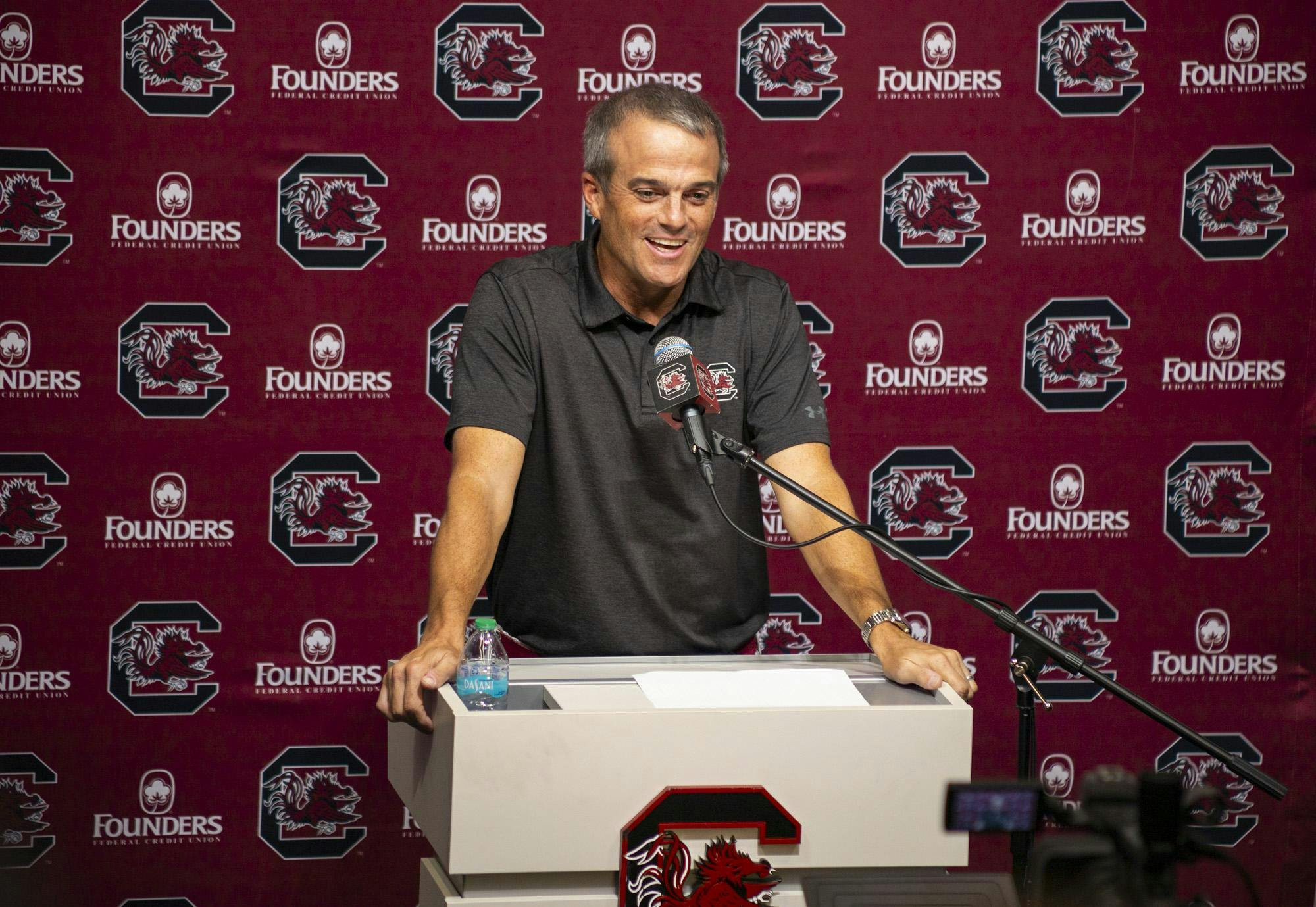 FILE — South Carolina head football coach Shane Beamer shares remarks about the team's game against Old Dominion during a press conference on Sept. 3, 2024. The Gamecocks will begin their season on Sept. 5, 2026 against Kent State at Williams-Brice Stadium.