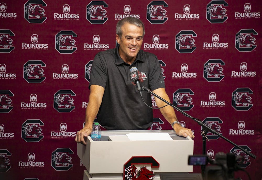 <p>FILE — South Carolina head football coach Shane Beamer shares remarks about the team's game against Old Dominion during a press conference on Sept. 3, 2024. The Gamecocks will begin their season on Sept. 5, 2026 against Kent State at Williams-Brice Stadium.</p>