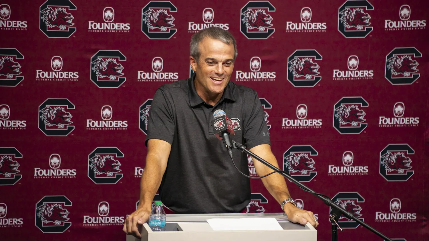 FILE — South Carolina head football coach Shane Beamer shares remarks about the team's game against Old Dominion during a press conference on Sept. 3, 2024. The Gamecocks will begin their season on Sept. 5, 2026 against Kent State at Williams-Brice Stadium.