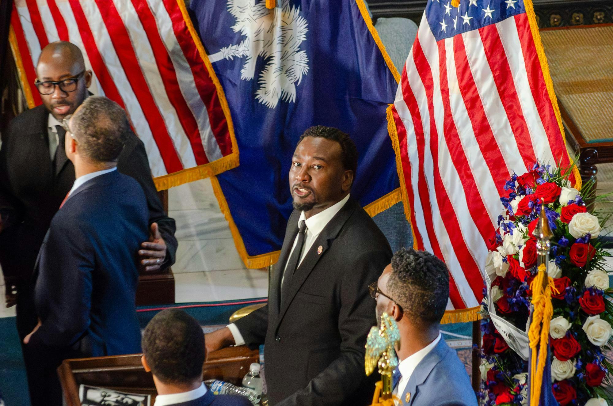 State Rep. and Democratic candidate for governor Jermaine Johnson speaks at the lying-in-state of the Rev. Jesse Jackson in the South Carolina State House on March 2, 2026. Johnson instructed the media to leave the room so a private ceremony for Jackson’s family and friends could be held.