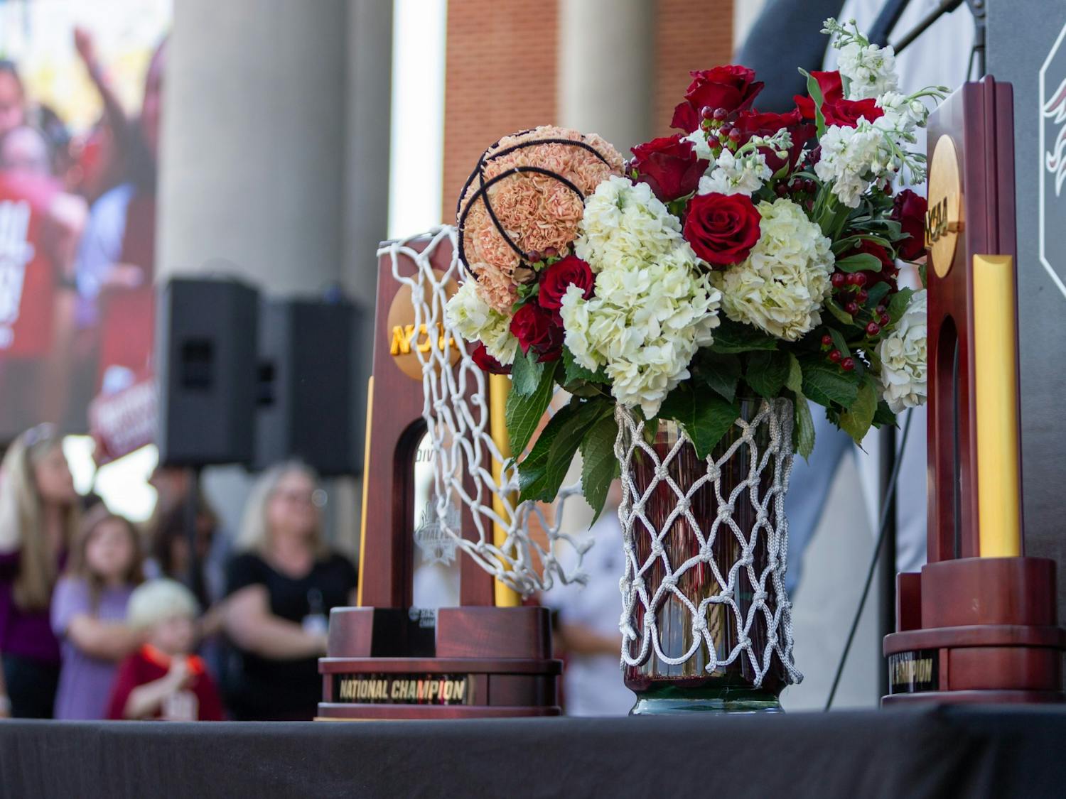 South Carolina's NCAA championship trophies sit on a table outside of Colonial Life Arena on April 4, 2022. The Gamecocks won their second national title on April 3, 2022 against the the University of Connecticut Huskies.