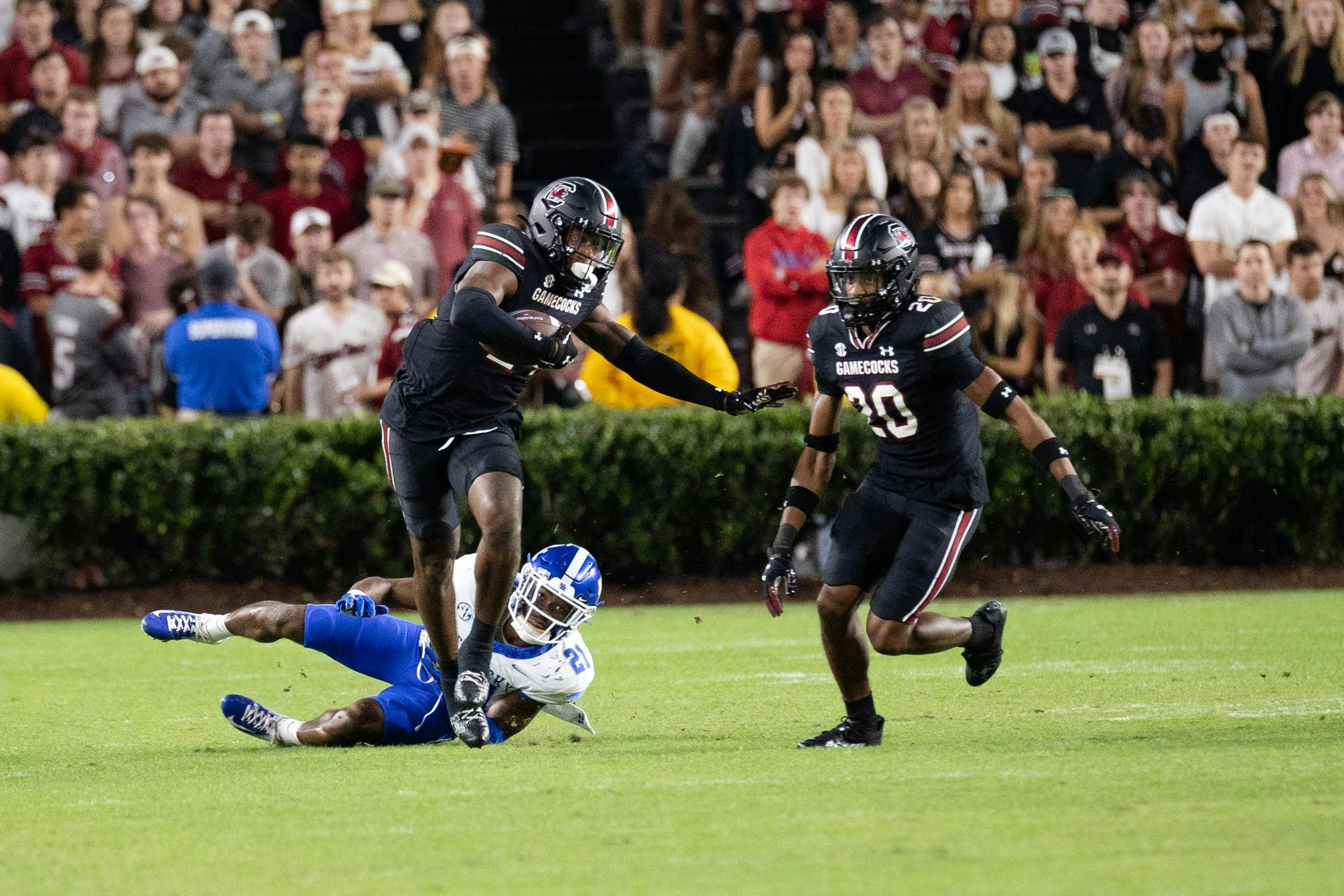 Freshman defensive back Jalon Kilgore avoids a Kentucky defender while making his way down the field on Nov. 18, 2023. Kilgore forced a Wildcat fumble and had five total tackles and a pass broken up.