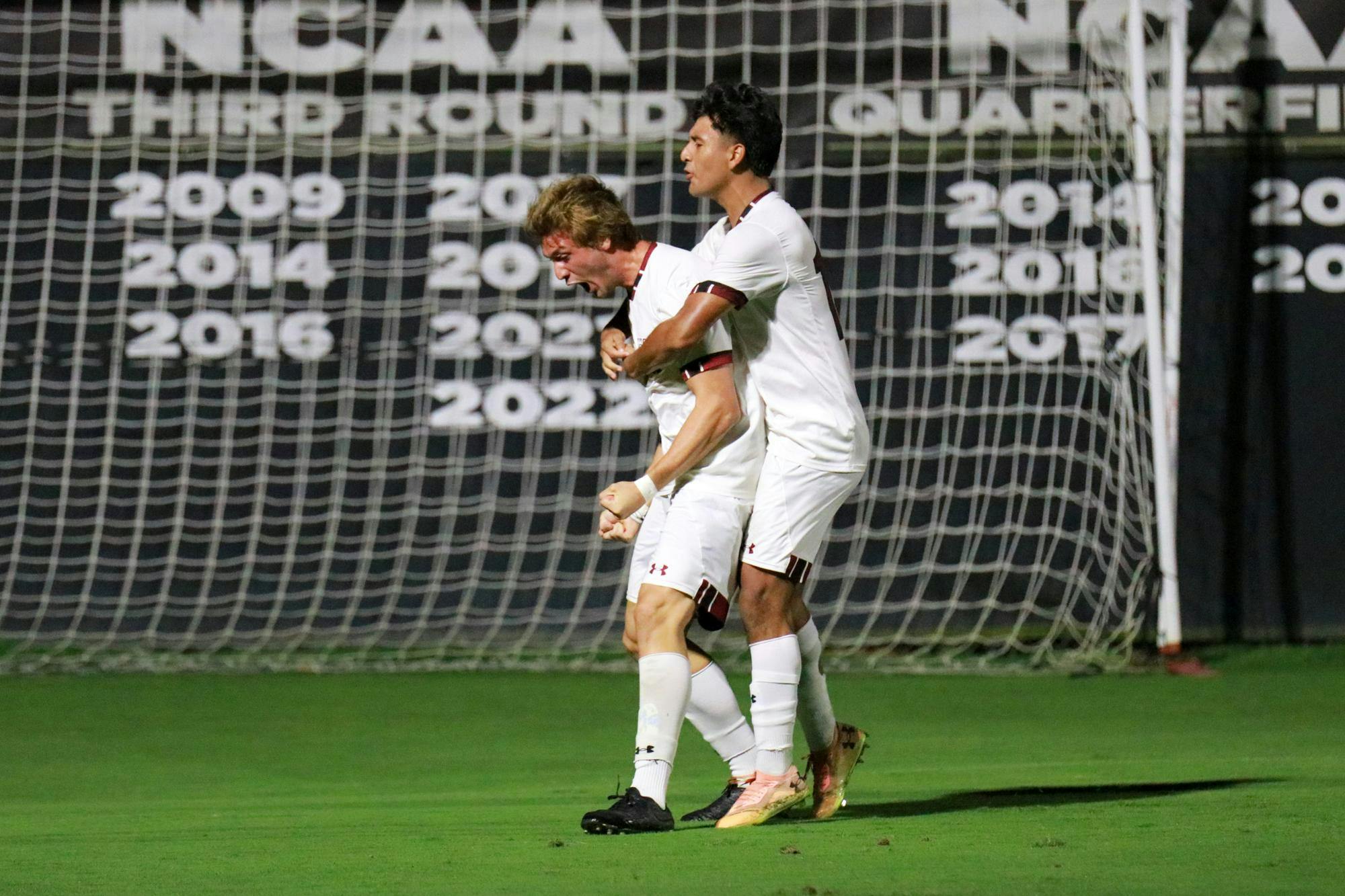Freshman midfielder Alejandro Velazquez-Lopez embraces graduate student forward Martin Yahia after Yahia scores a goal against East Tennessee State at Stone Stadium on Sept. 15, 2024. The Gamecocks defeated the Buccaneers 2-0 with the second and final goal being scored in the 48th minute of the game.