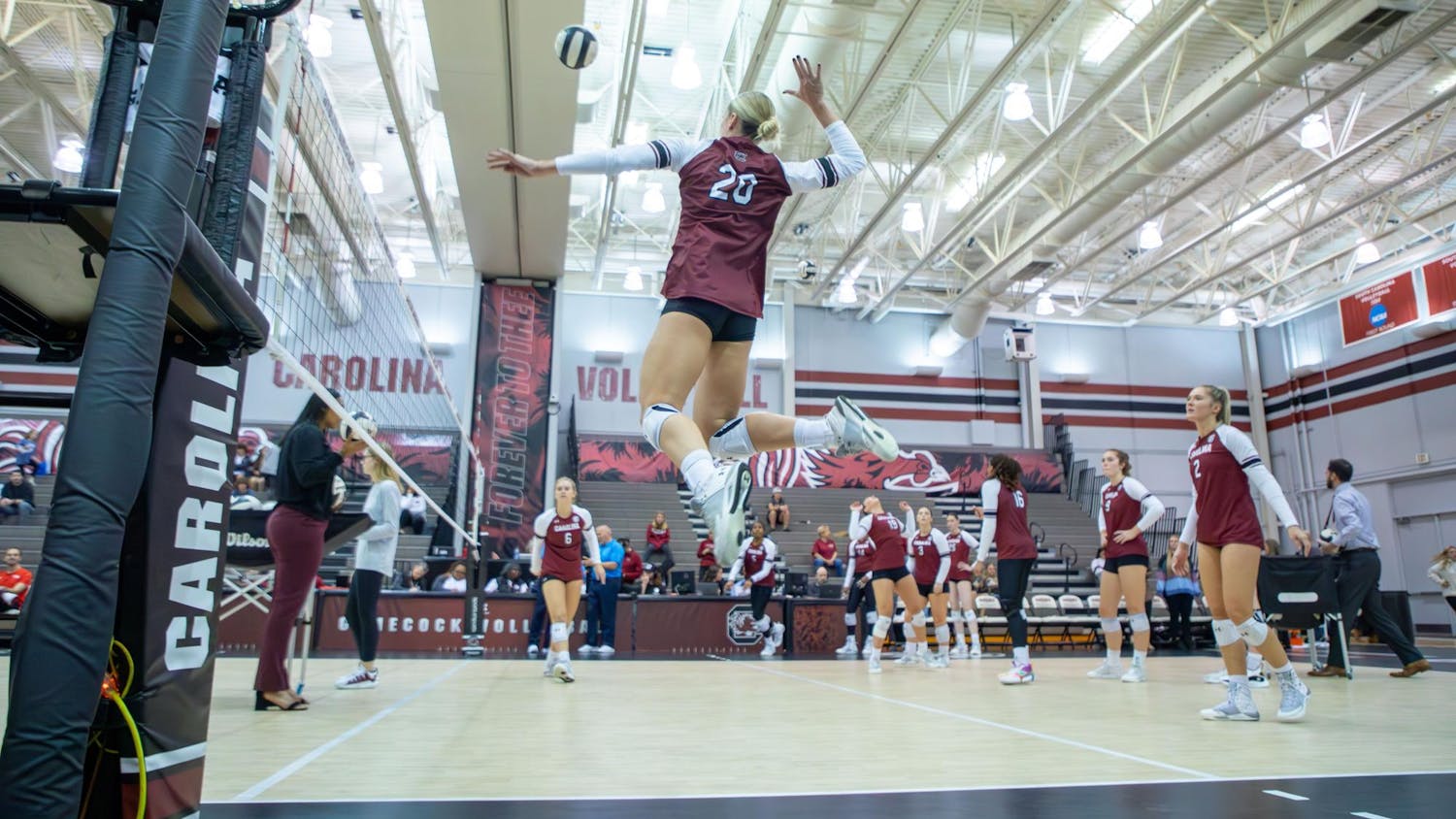 Senior outside hitter Riley Whitesides prepares to make a kill during warms-ups before defeating the Ole Miss Rebels at home on Senior Day on Nov. 5. Whitesides achieved her 1,000th kill earlier in the week against the Kentucky Wildcats, making her the 17th Gamecock ever to hit this milestone.