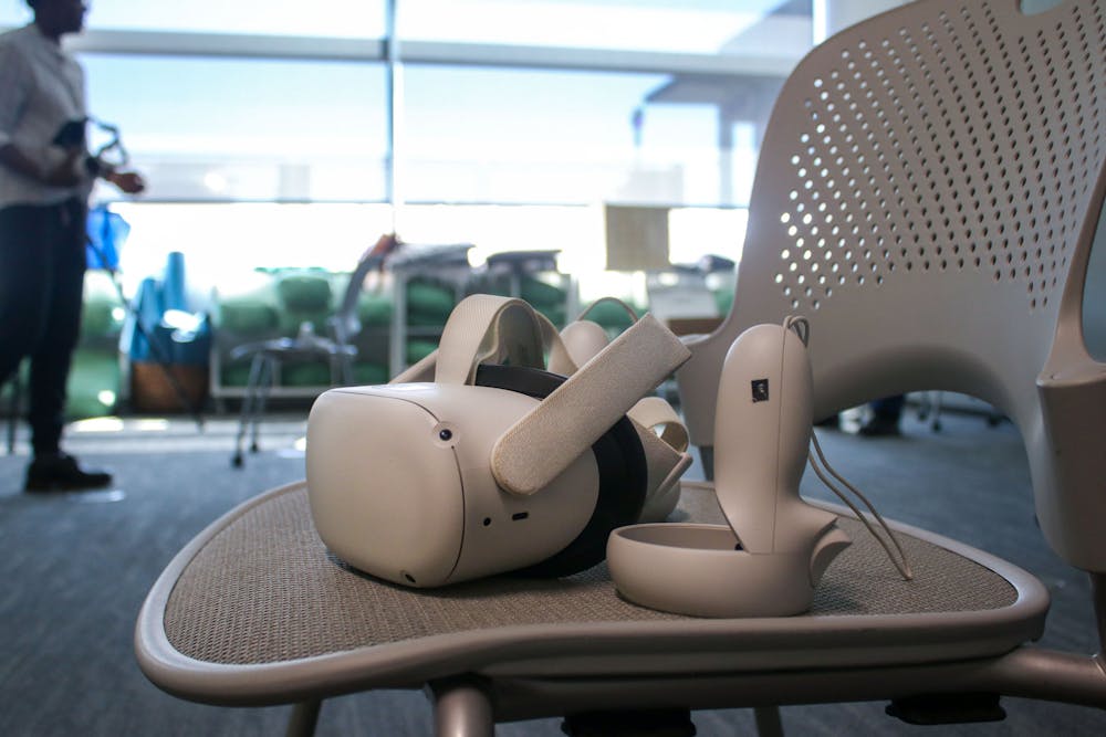 <p>A photo illustration of a pair of Oculus headsets on Feb. 28, 2023. The Virtual Reality Mindfulness drop-in sessions take place on Tuesdays and Wednesdays from noon to 1:30 p.m in room 215 of the Center for Health and Well-Being.</p>