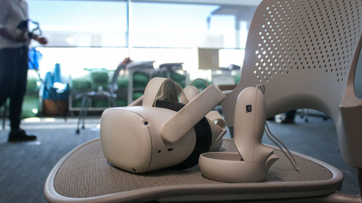 A photo illustration of a pair of Oculus headsets on Feb. 28, 2023. The Virtual Reality Mindfulness drop-in sessions take place on Tuesdays and Wednesdays from noon to 1:30 p.m in room 215 of the Center for Health and Well-Being.