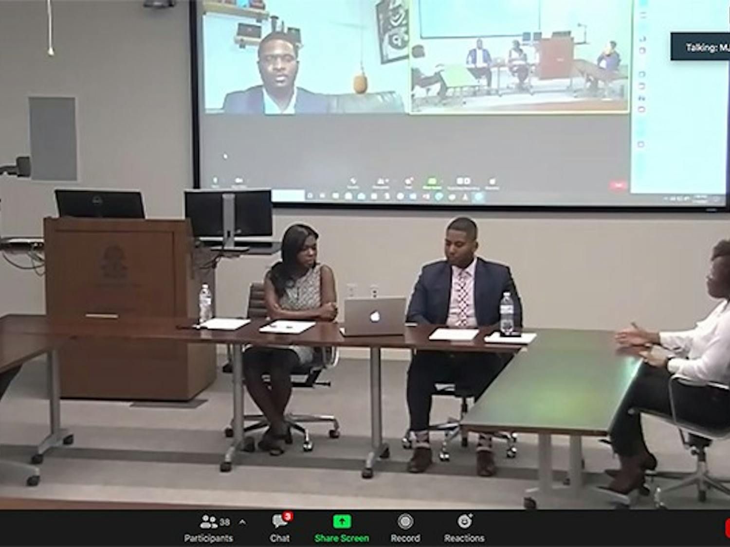 Lyric Swinton (right) speaks during a Thursday virtual panel held by the National Black Law Students Association. The group discussed issues regarding social injustice and making changes moving forward. 