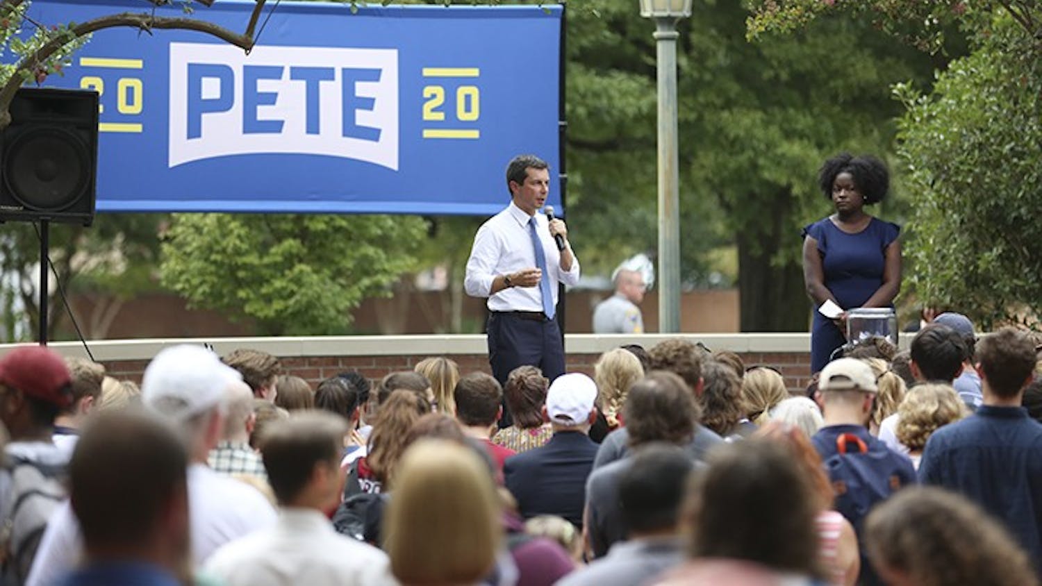 Democratic presidential candidate Pete Buttegieg speaks to students and supporters at Russell House on Tuesday afternoon. 