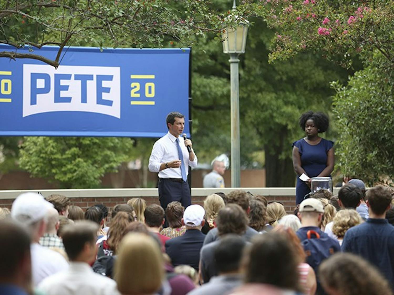Democratic presidential candidate Pete Buttegieg speaks to students and supporters at Russell House on Tuesday afternoon. 