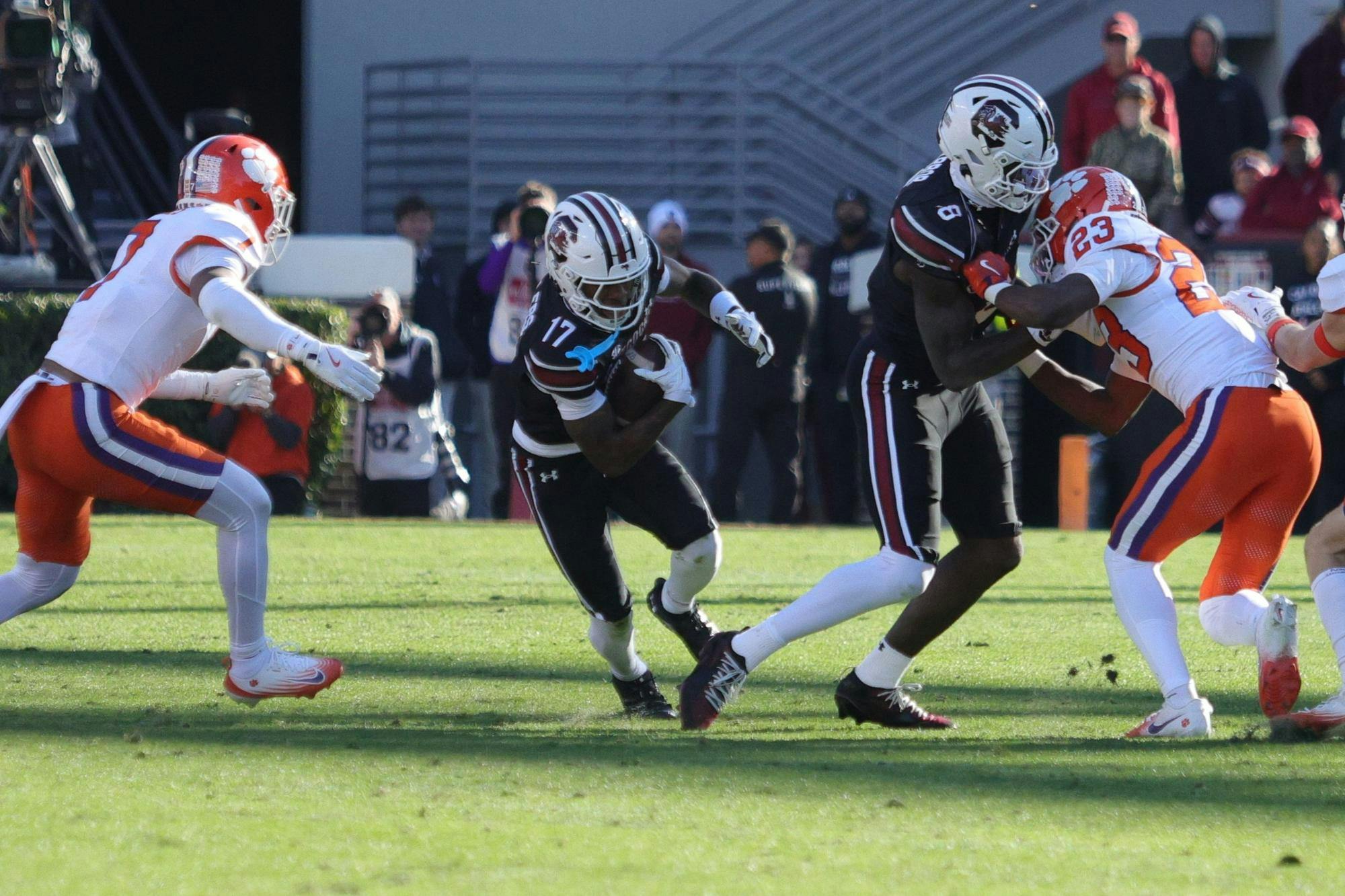 Freshman wide receiver Jayden Sellers carries the ball during South Carolina’s game against Clemson on Nov. 29, 2025, at Williams-Brice Stadium. Sellers follows his blocker upfield as the Gamecocks try to advance the play.