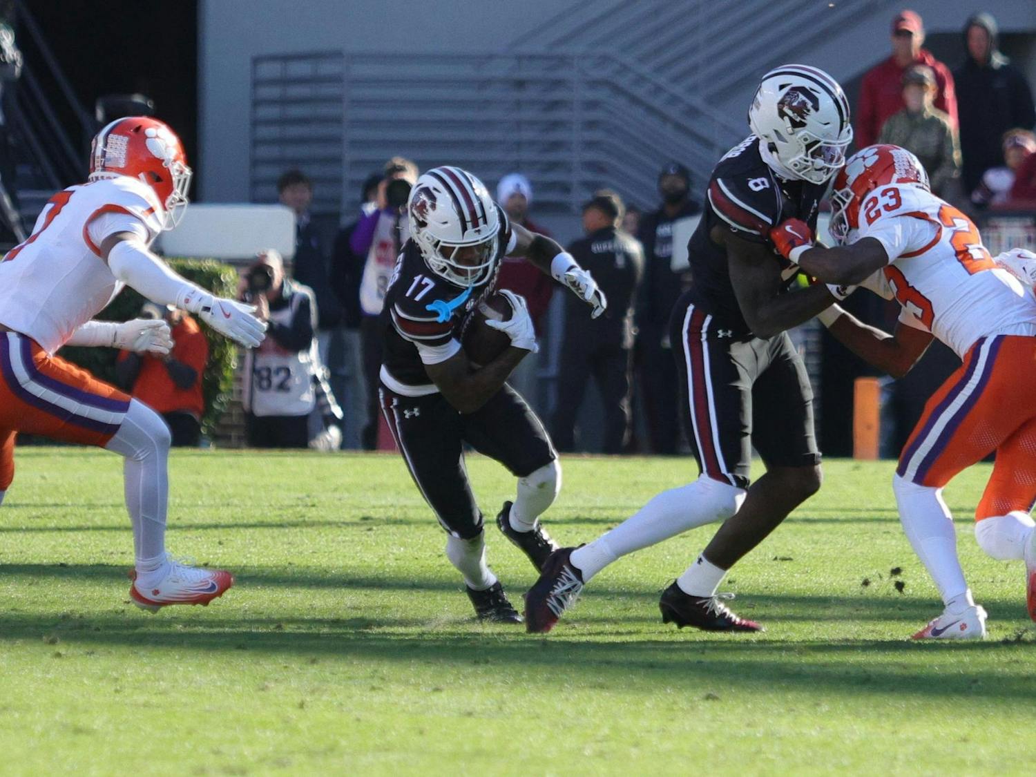 Freshman wide receiver Jayden Sellers carries the ball during South Carolina’s game against Clemson on Nov. 29, 2025, at Williams-Brice Stadium. Sellers follows his blocker upfield as the Gamecocks try to advance the play.