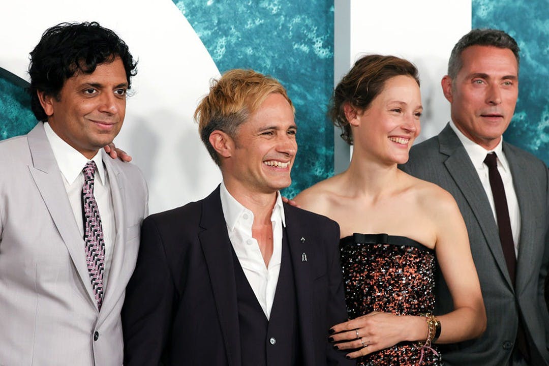 From left to right: M. Night Shyamalan, Gael García Bernal, Vicky Krieps and Rufus Sewell attend the "Old" New York premiere at Jazz at Lincoln Center on July 19, 2021 in New York City. (Dia Dipasupil/Getty Images/TNS)