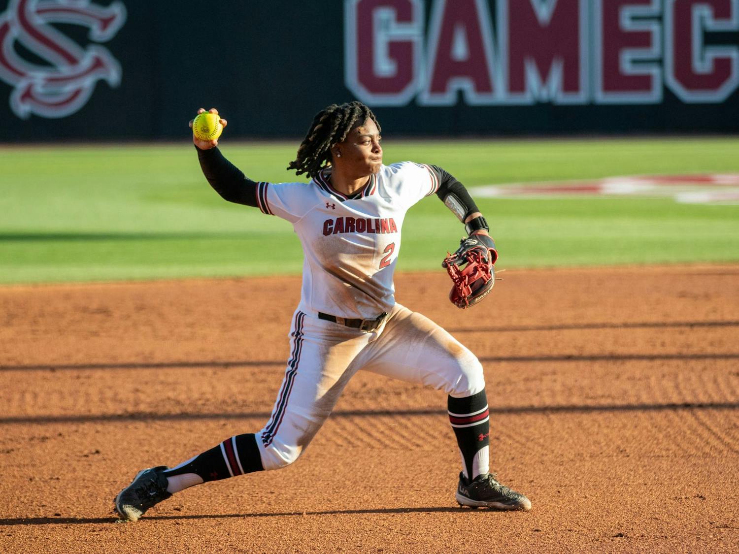 Senior infielder Denver Bryant throws to first base during South Carolina’s game against Mississippi State on April 5, 2024. The Gamecocks lost to the Bulldogs 6-0.
