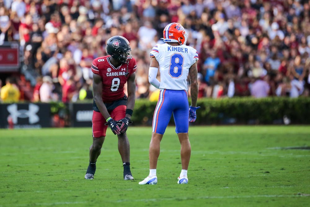 <p>FILE -- Freshman wide receiver Nyck Harbor lines up for the play during South Carolina’s game against Florida on Oct. 14, 2023 at Williams-Brice Stadium. Harbor had a 45-yard reception, his longest of the 2023 鶹С򽴫ý, during the Gamecocks 41-39 loss to the Gators. The board of trustees announced Thursday that Mike Furry will be the team's new wide receivers coach. </p>