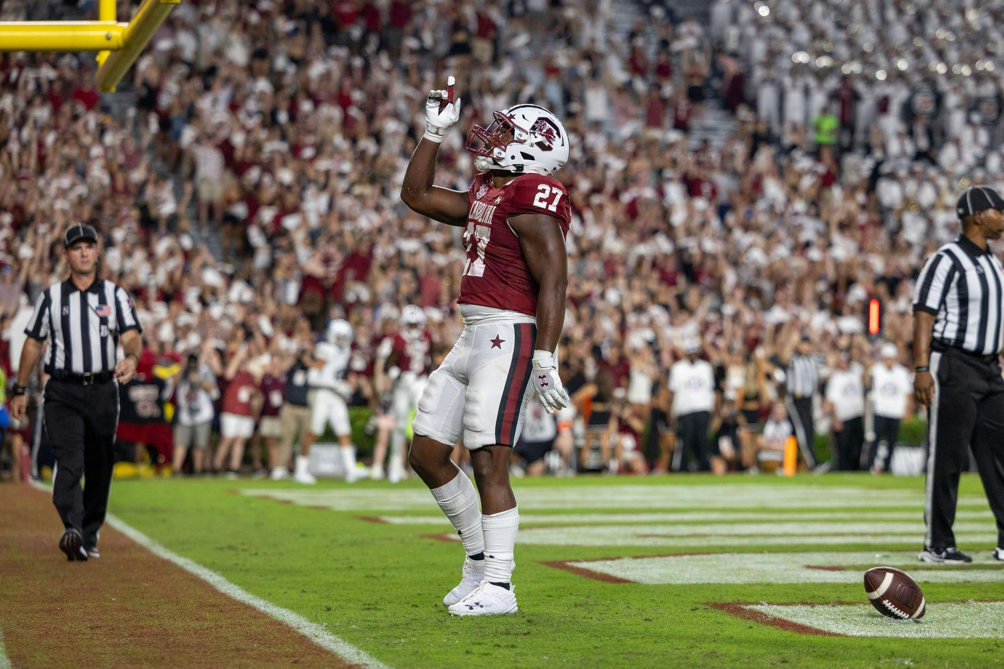 Sixth-year running back Oscar Adaway III points to the sky after scoring a touchdown during South Carolina's game against Akron on Sept. 21, 2024 at Williams-Brice Stadium. Adaway was responsible for two touchdowns in the Gamecocks 50-7 win over the Zips.