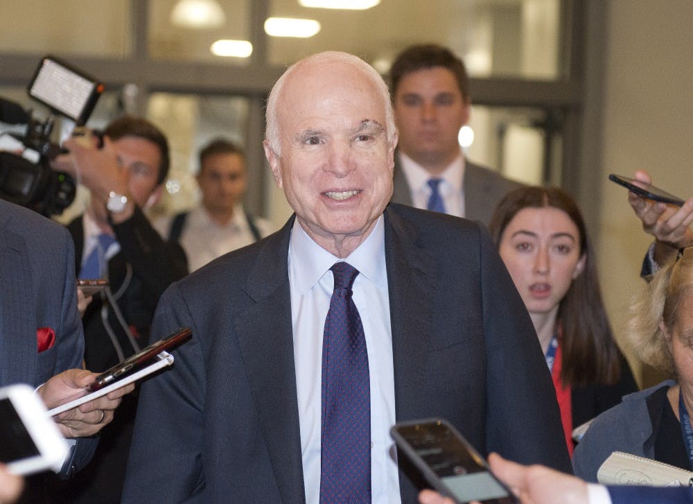 U.S. Senator John McCain (R-Ariz.) walks to his Capitol Hill office following the vote on the repeal of the Affordable Care Act, also known as Obamacare, on July 26, 2017 in Washington, D.C. (Ron Sachs/CNP/Sipa USA/TNS)