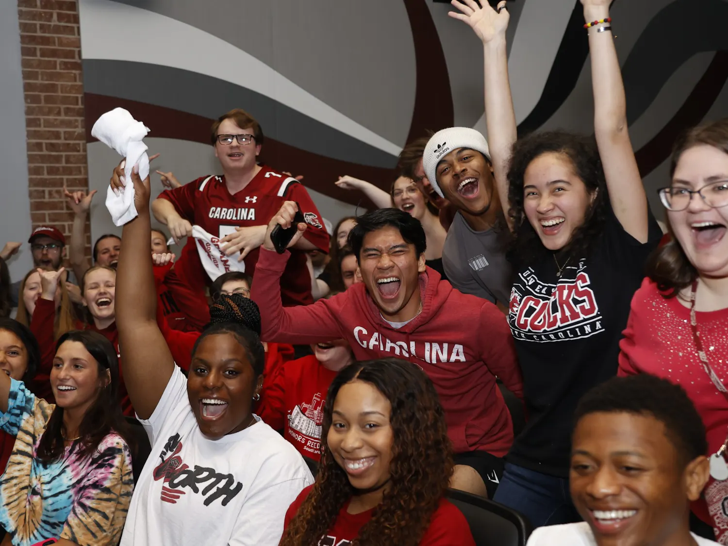 South Carolina students cheer on the women’s basketball team at a watch party in the Russell House Theater on April 3, 2022. The watch party was hosted by Gamecock Entertainment. 