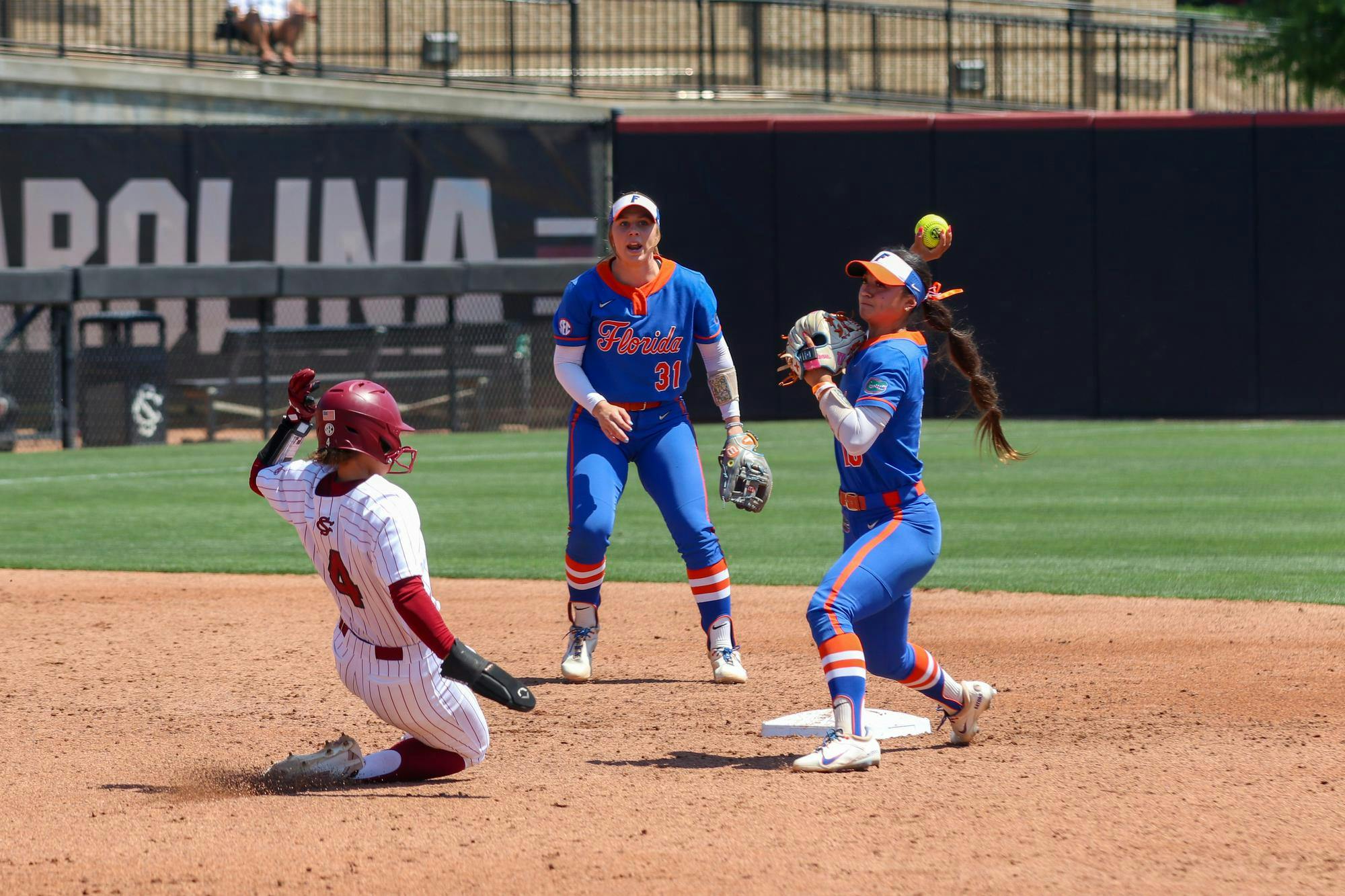 Junior utility player Tori Ensely stops mid-slide to second base on Feb. 12, 2026, at Beckham Field. The Gamecocks fell in the fifth inning 15-3 against the Gators.