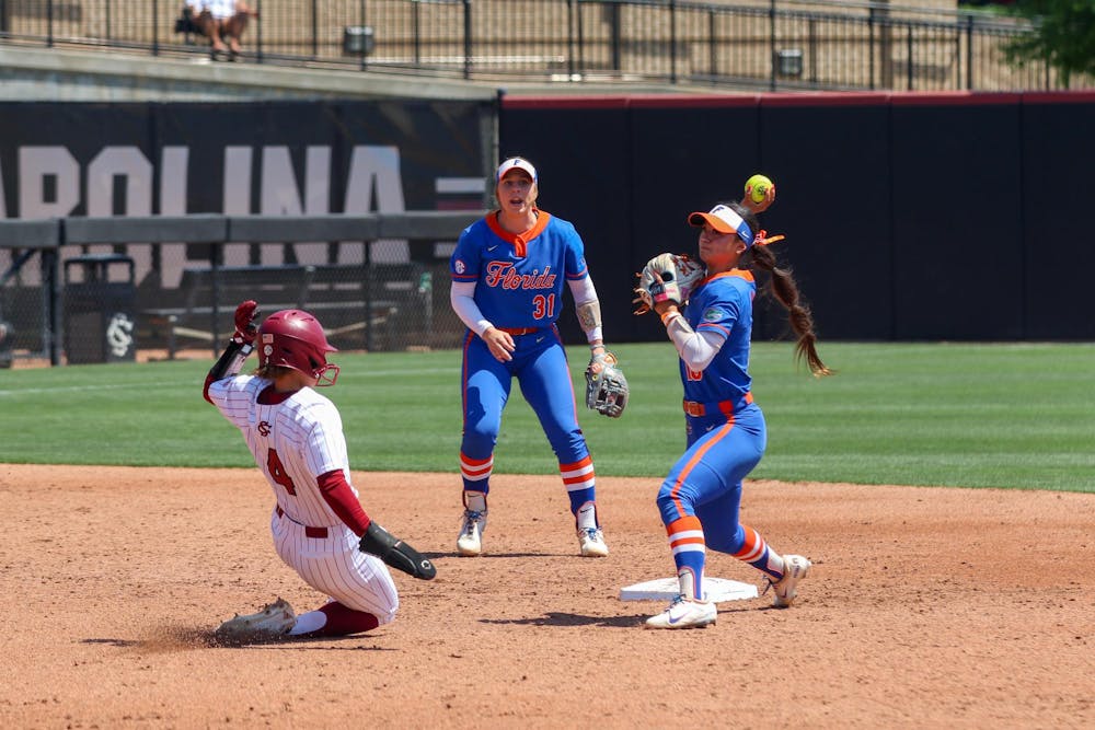 <p>Junior utility player Tori Ensely stops mid-slide to second base on Feb. 12, 2026, at Beckham Field. The Gamecocks fell in the fifth inning 15-3 against the Gators.</p>