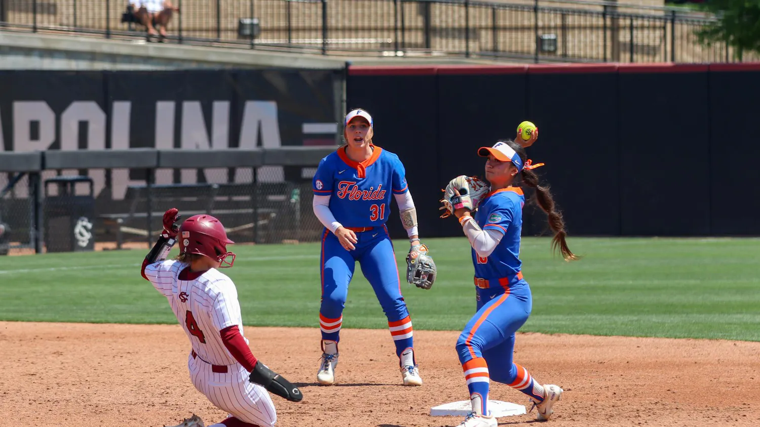 Junior utility player Tori Ensely stops mid-slide to second base on Feb. 12, 2026, at Beckham Field. The Gamecocks fell in the fifth inning 15-3 against the Gators.