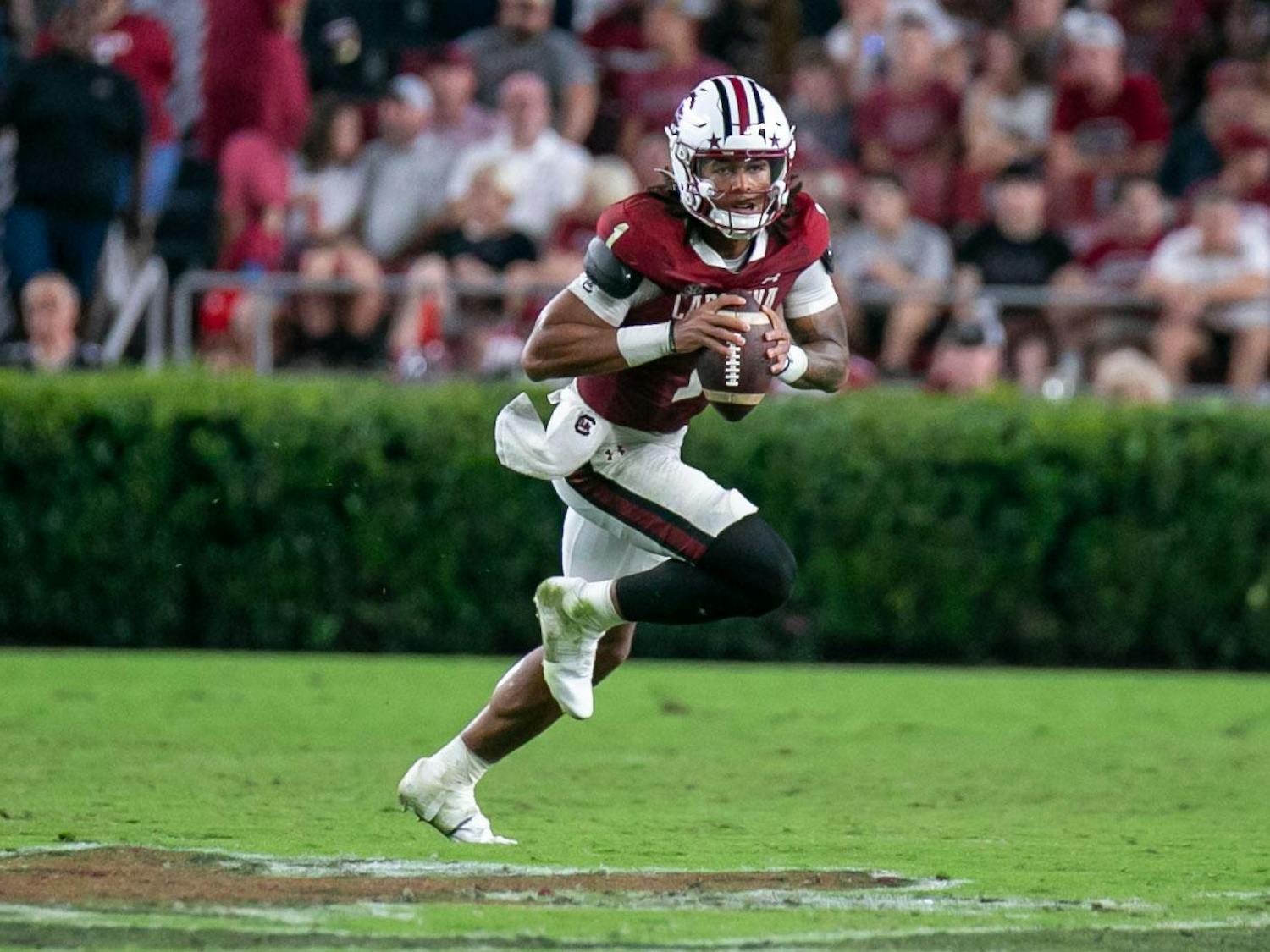 Redshirt senior quarterback Robby Ashford looks down the field during South Carolina's game against Akron on Sept. 21, 2024 at Williams-Brice Stadium. Ashford had 234 passing yards in the Gamecocks 50-7 victory over the Zips.