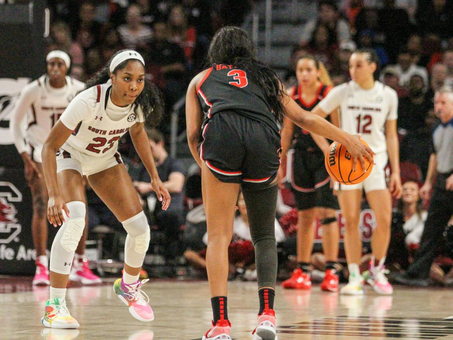 Sophomore guard Bree Hall guards Georgia’s fifth-year guard Diamond Battles during South Carolina’s game against Georgia at Colonial Life Arena on Feb. 26, 2023. The Gamecocks beat the Bulldogs 73-63.