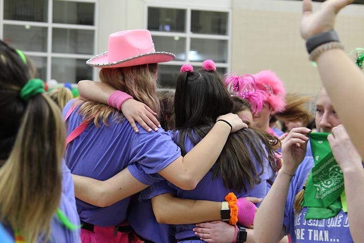 &nbsp;Volunteers huddle up during Dance Marathon on Friday, Feb 29th, 2020&nbsp;