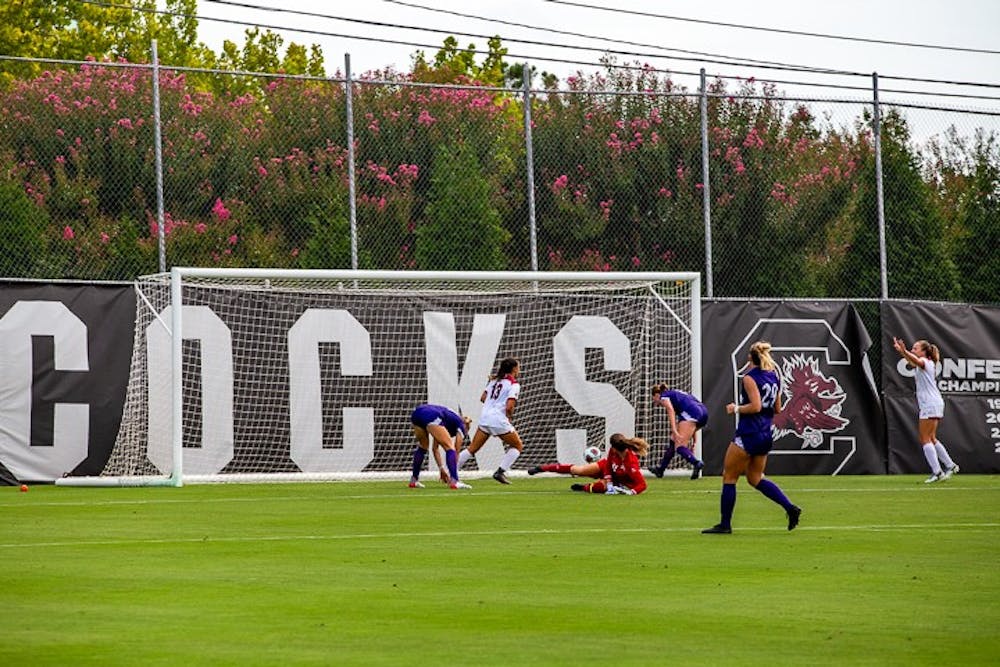 <p>Sophomore Midfielder Megan Spiehs assisted by Junior Forward Catherine Barry score the second goal of the match on August 21, 2022. The Gamecocks beat the Pirates 2-0.</p>
