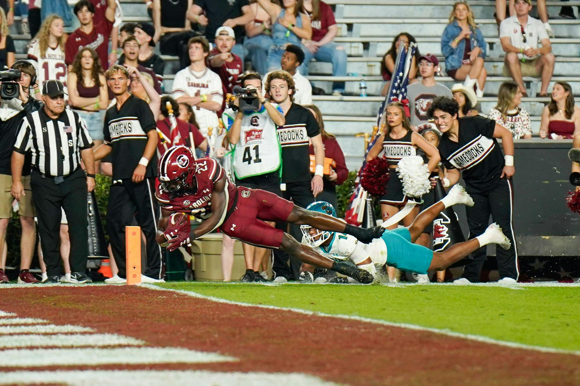 Redshirt sophomore running back Jawarn Howell dives into the end zone against Coastal Carolina at Williams-Brice Stadium on Nov. 22, 2025. Howell finished the game with 18 rushing yards on three carries.