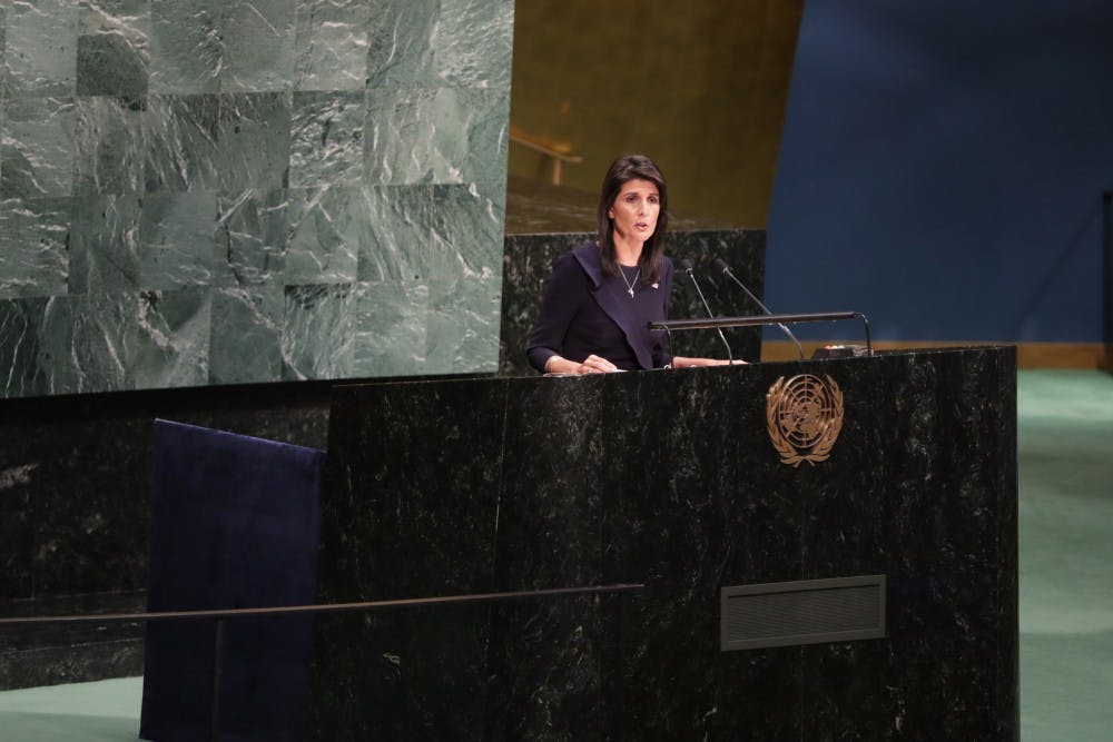 Nikki R. Haley, the United States' permanent representative to the UN, speaks at the UN Headquarters in New York on Wednesday, Nov. 1, 2017, taking issue with the body's resolution condemning the American trade embargo against Cuba. (Luiz Rampelotto/EuropaNewswire/Sipa USA/TNS)