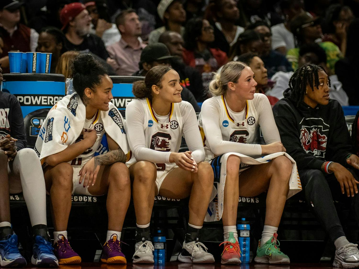 Members of the University of South Carolina women's basketball team sit on the bench in the game against Indiana in the second round of the NCAA March Madness Tournament on March 23, 2025. The Gamecocks defeated the Hoosiers 64-53.